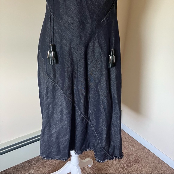 Dorothee Schumacher Denim Blue Linen/Cotton Raw Hem Patchwork Midi Dress size 3 - Picture 5 of 11